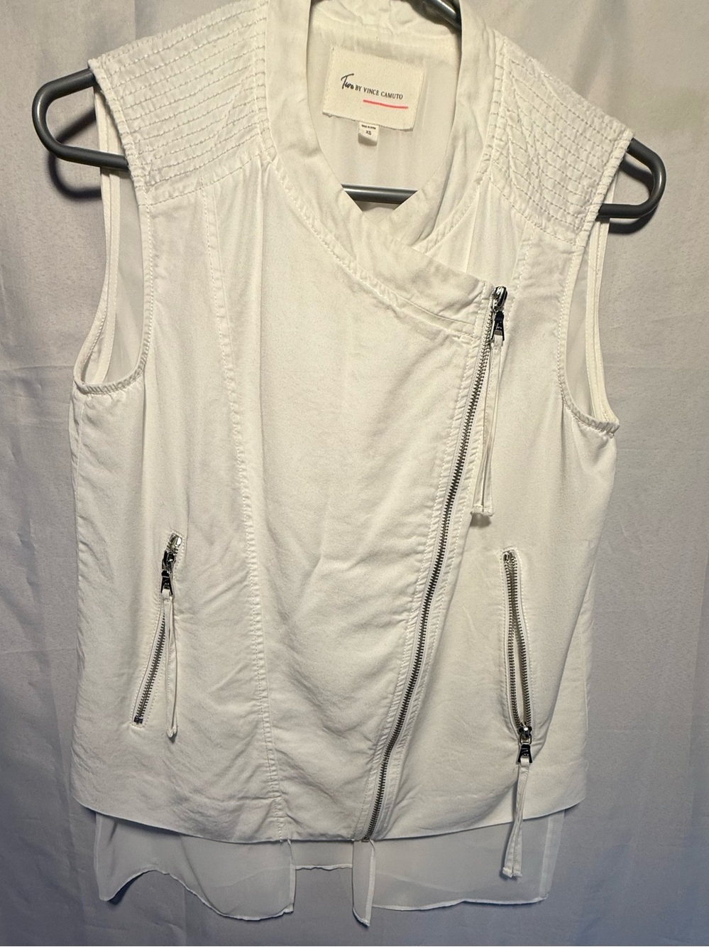Vince Camino White Asymmetrical Zip Vest with Sheer Hem